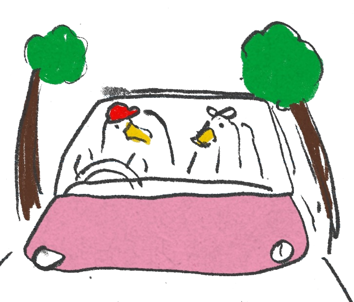 Two geese in a pink car between trees